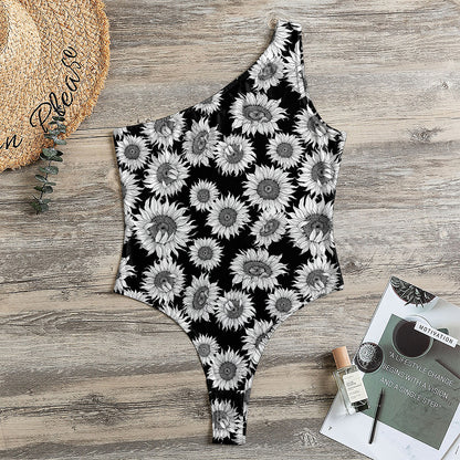 Black And White Sunflower Pattern Print One Shoulder Bodysuit