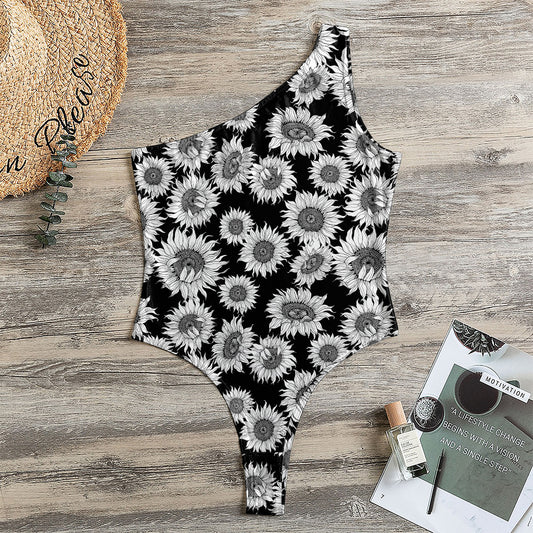 Black And White Sunflower Pattern Print One Shoulder Bodysuit
