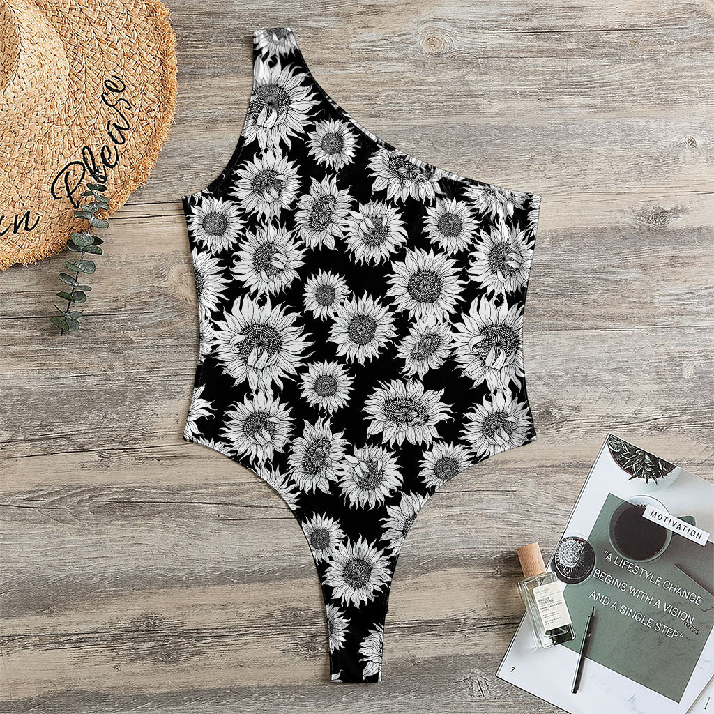 Black And White Sunflower Pattern Print One Shoulder Bodysuit