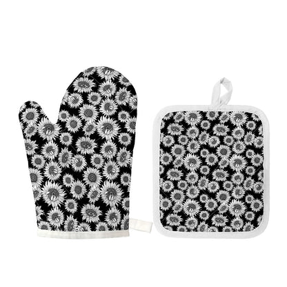 Black And White Sunflower Pattern Print Oven Mitt And Pot Holder Set