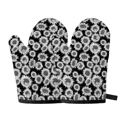 Black And White Sunflower Pattern Print Oven Mitts