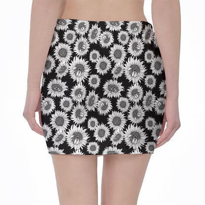 Black And White Sunflower Pattern Print Pencil Mini Skirt