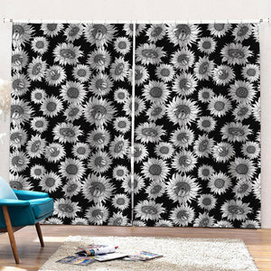 Black And White Sunflower Pattern Print Pencil Pleat Curtains