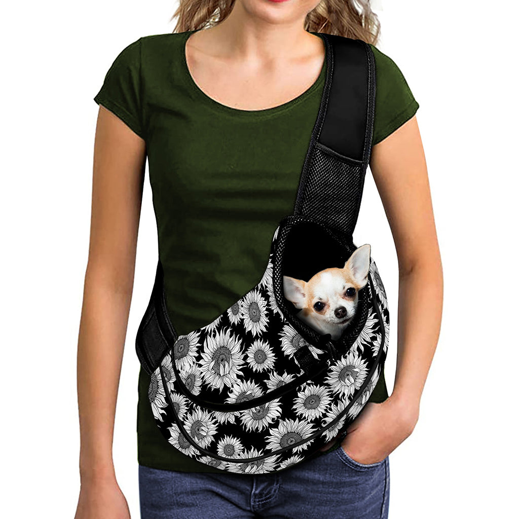 Black And White Sunflower Pattern Print Pet Sling Carrier