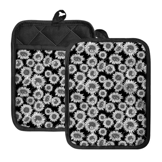 Black And White Sunflower Pattern Print Pot Holders With Pocket