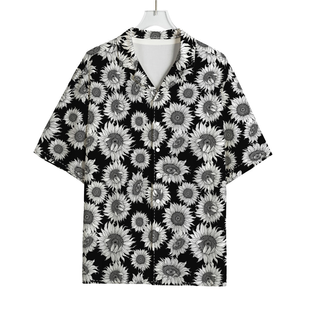 Black And White Sunflower Pattern Print Rayon Hawaiian Shirt
