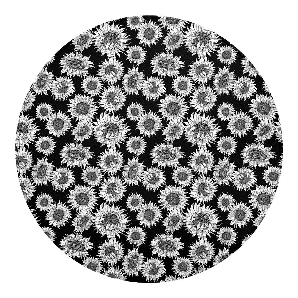 Black And White Sunflower Pattern Print Round Blanket