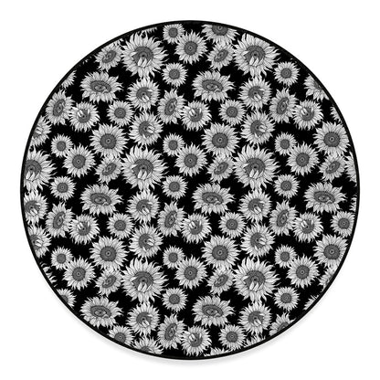 Black And White Sunflower Pattern Print Round Floor Mat