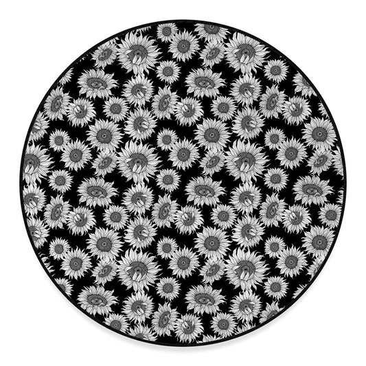 Black And White Sunflower Pattern Print Round Floor Mat