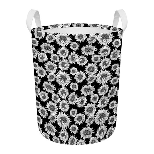 Black And White Sunflower Pattern Print Round Laundry Basket