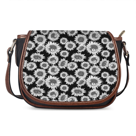 Black And White Sunflower Pattern Print Saddle Bag