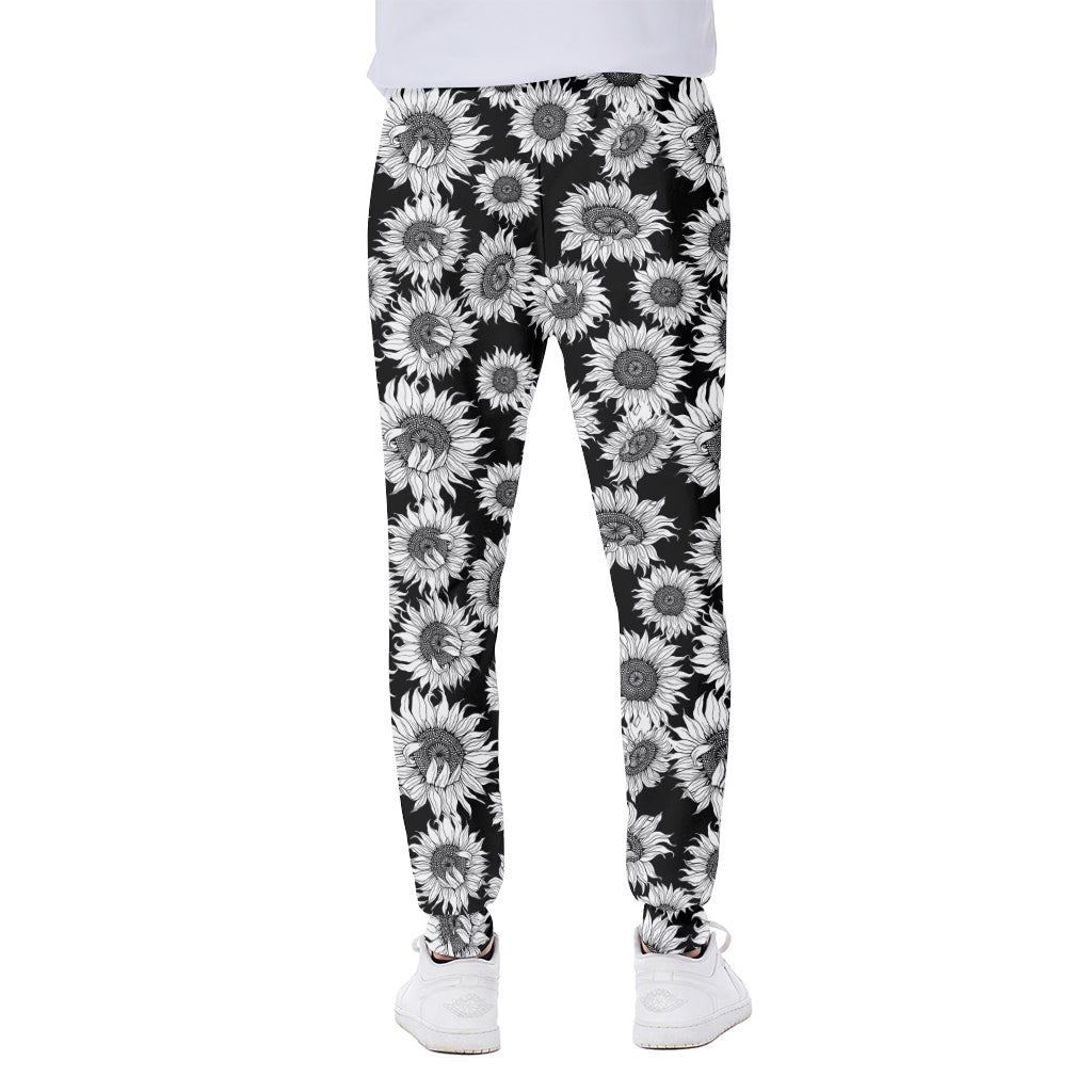 Black And White Sunflower Pattern Print Scuba Joggers