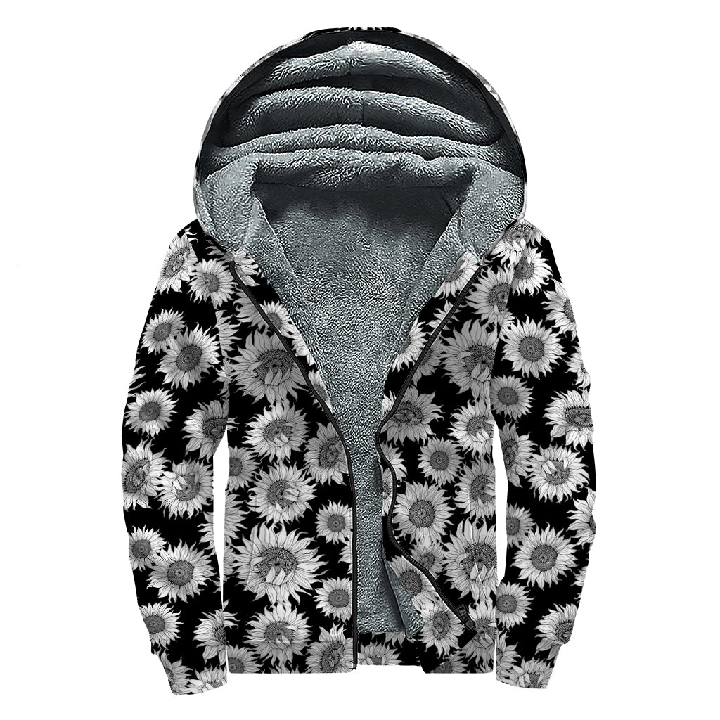 Black And White Sunflower Pattern Print Sherpa Lined Zip Up Hoodie
