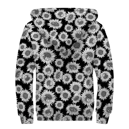 Black And White Sunflower Pattern Print Sherpa Lined Zip Up Hoodie