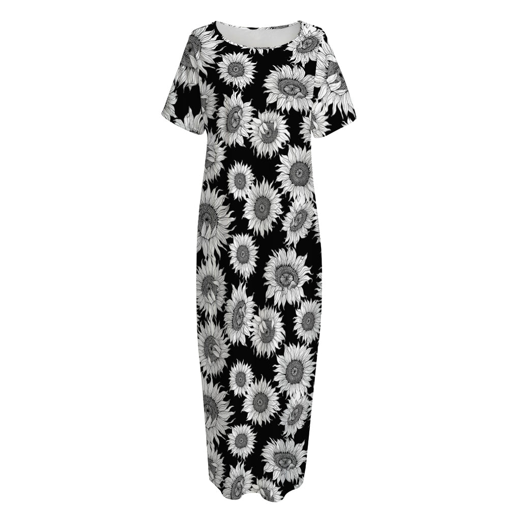 Black And White Sunflower Pattern Print Short Sleeve Long Nightdress
