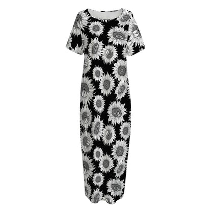 Black And White Sunflower Pattern Print Short Sleeve Long Nightdress