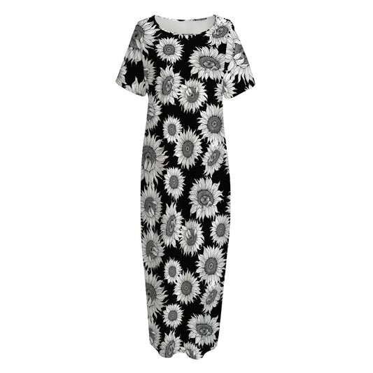 Black And White Sunflower Pattern Print Short Sleeve Long Nightdress
