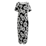Black And White Sunflower Pattern Print Short Sleeve Long Nightdress