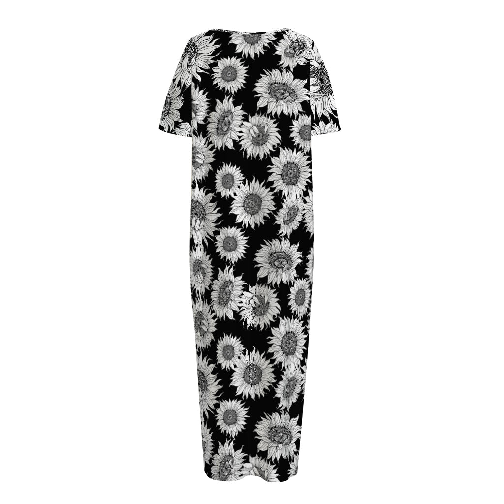 Black And White Sunflower Pattern Print Short Sleeve Long Nightdress