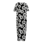 Black And White Sunflower Pattern Print Short Sleeve Long Nightdress