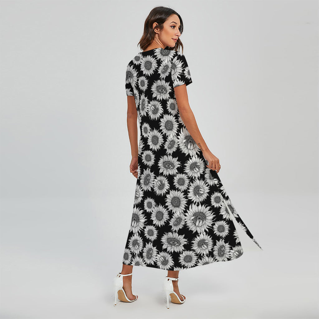 Black And White Sunflower Pattern Print Short Sleeve Maxi Dress