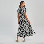 Black And White Sunflower Pattern Print Short Sleeve Maxi Dress