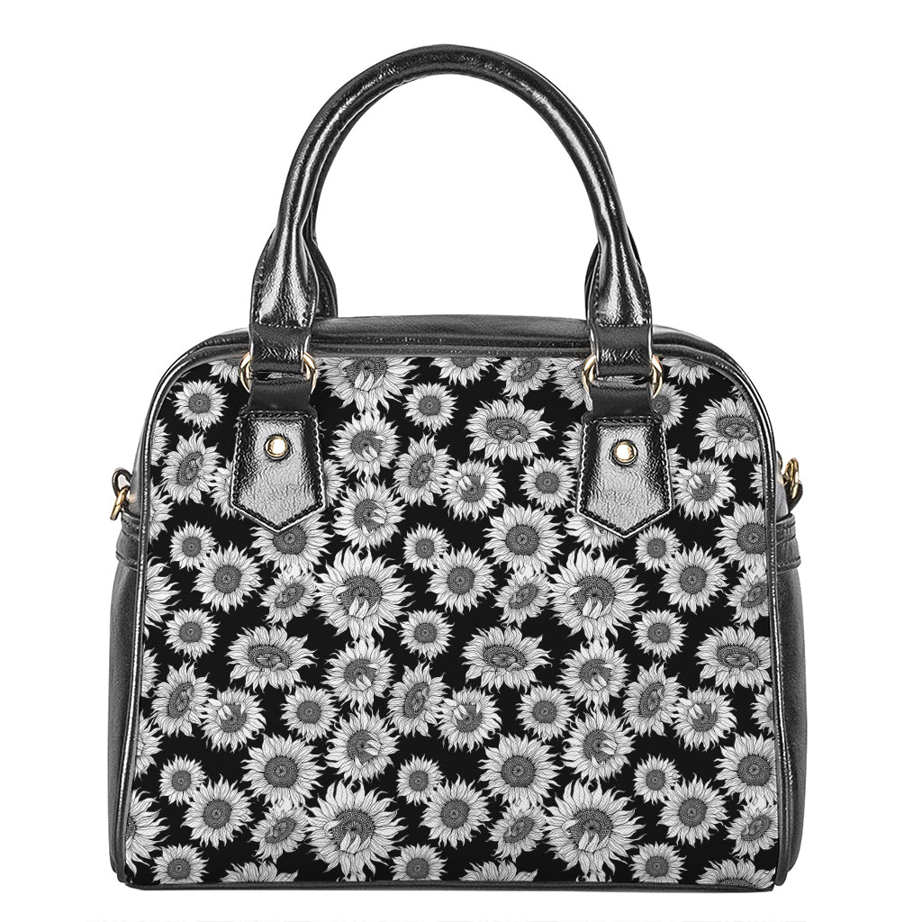 Black And White Sunflower Pattern Print Shoulder Handbag