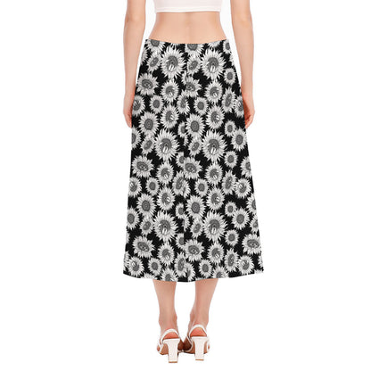 Black And White Sunflower Pattern Print Side Slit Midi Skirt