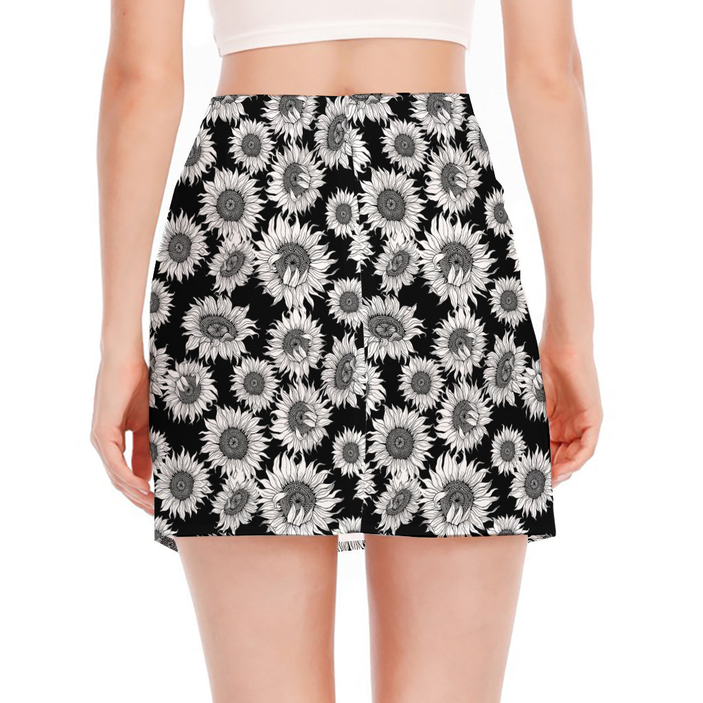 Black And White Sunflower Pattern Print Side Slit Mini Skirt