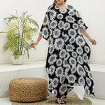 Black And White Sunflower Pattern Print Silk V-Neck Kaftan Dress