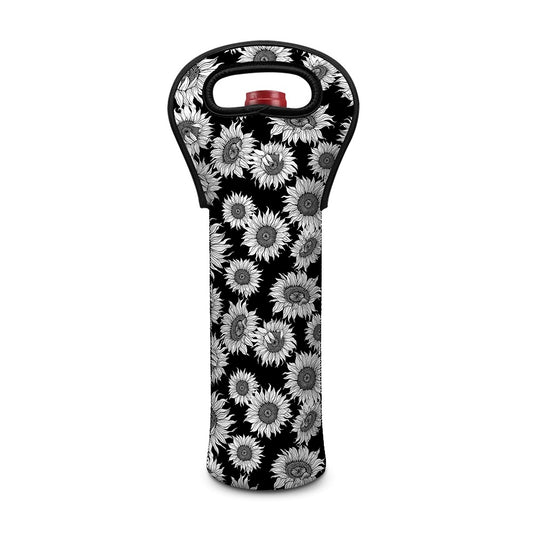Black And White Sunflower Pattern Print Single Neoprene Wine Tote