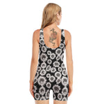Black And White Sunflower Pattern Print Sleeveless One Piece Swimsuit