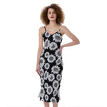 Black And White Sunflower Pattern Print Slim Fit Midi Cami Dress