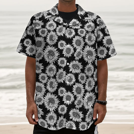 Black And White Sunflower Pattern Print Textured Short Sleeve Shirt