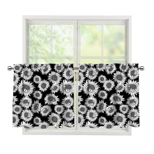 Black And White Sunflower Pattern Print Tier Curtains