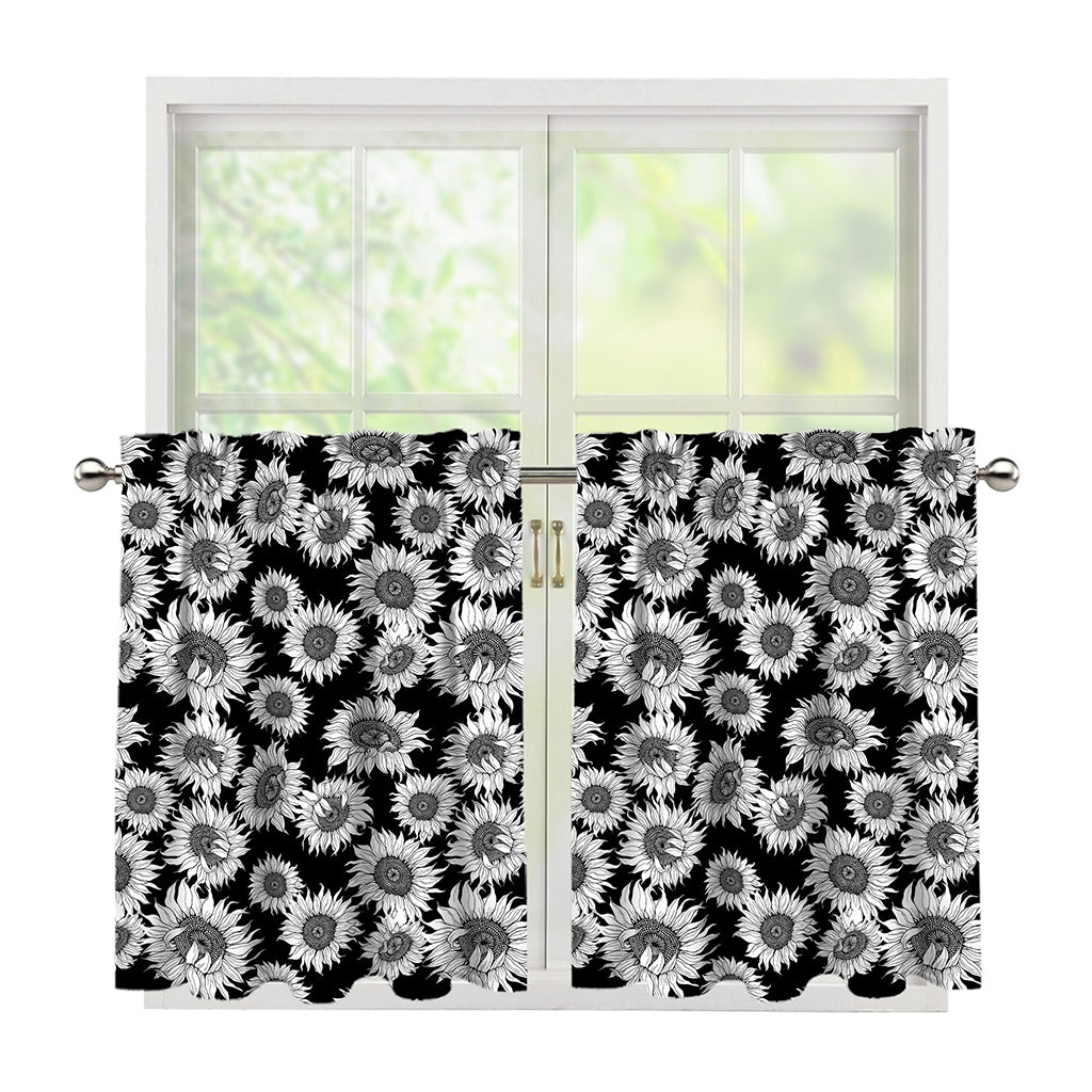 Black And White Sunflower Pattern Print Tier Curtains