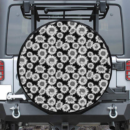 Black And White Sunflower Pattern Print Tire Cover