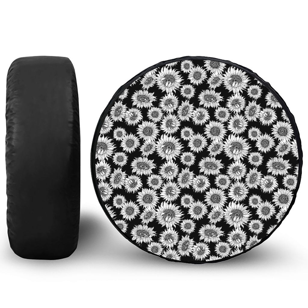 Black And White Sunflower Pattern Print Tire Cover