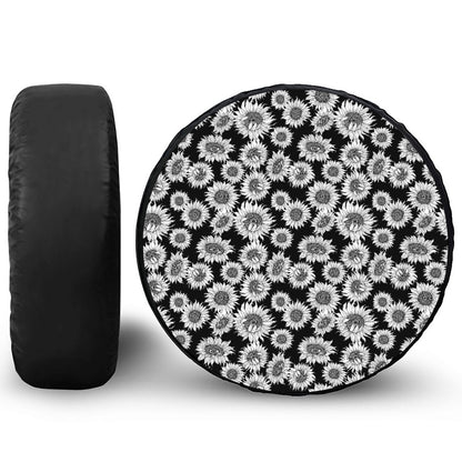 Black And White Sunflower Pattern Print Tire Cover
