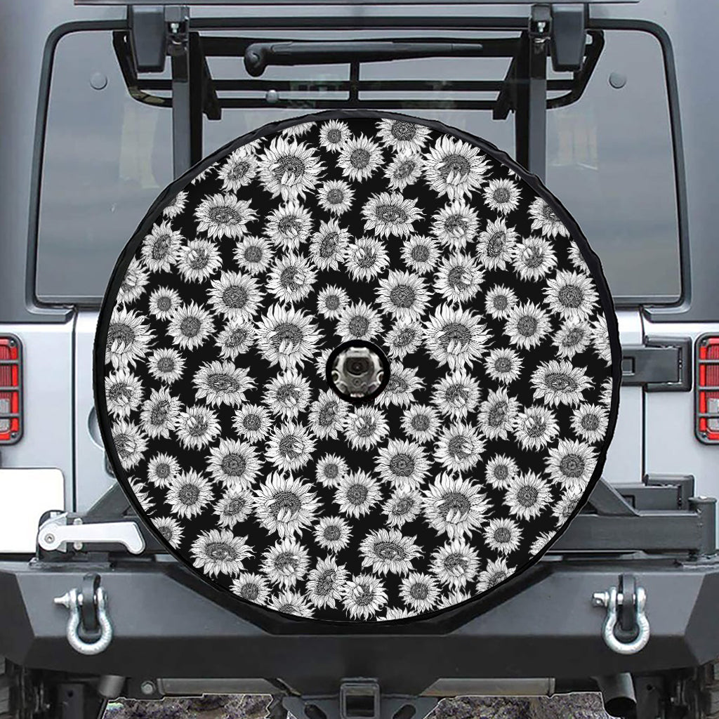 Black And White Sunflower Pattern Print Tire Cover With Camera Hole