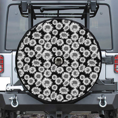 Black And White Sunflower Pattern Print Tire Cover With Camera Hole