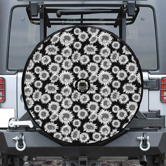 Black And White Sunflower Pattern Print Tire Cover With Camera Hole