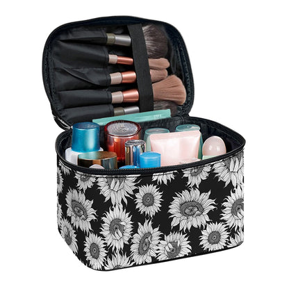 Black And White Sunflower Pattern Print Travel Makeup Bag