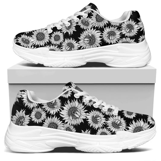 Black And White Sunflower Pattern Print White Chunky Shoes
