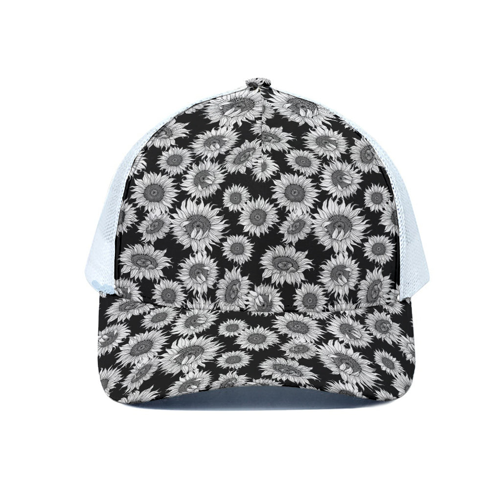Black And White Sunflower Pattern Print White Mesh Trucker Cap