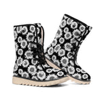 Black And White Sunflower Pattern Print Winter Boots