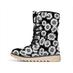 Black And White Sunflower Pattern Print Winter Boots