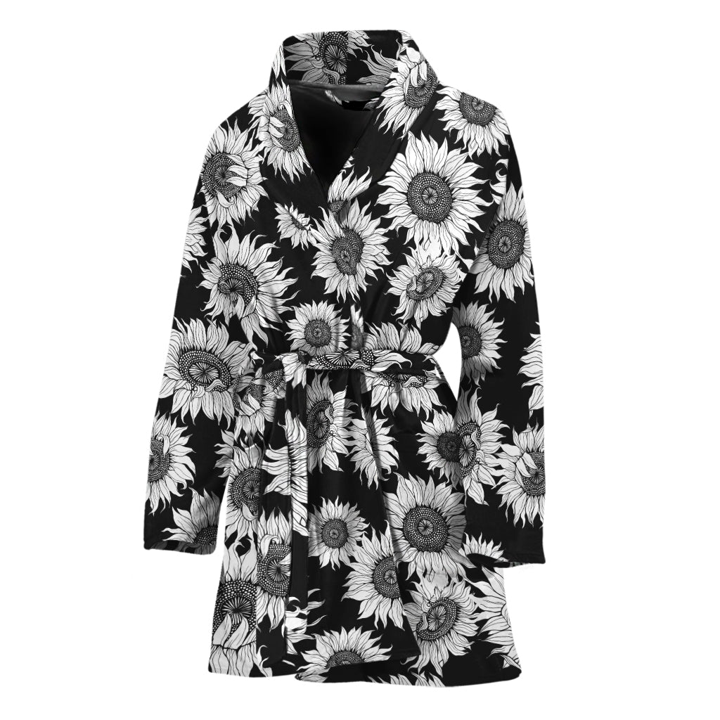 Black And White Sunflower Pattern Print Women's Bathrobe