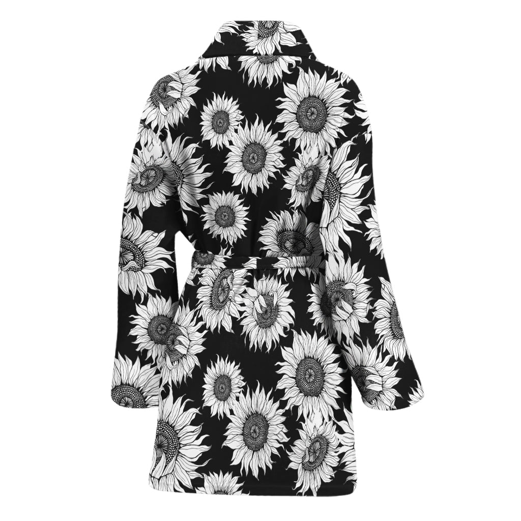 Black And White Sunflower Pattern Print Women's Bathrobe