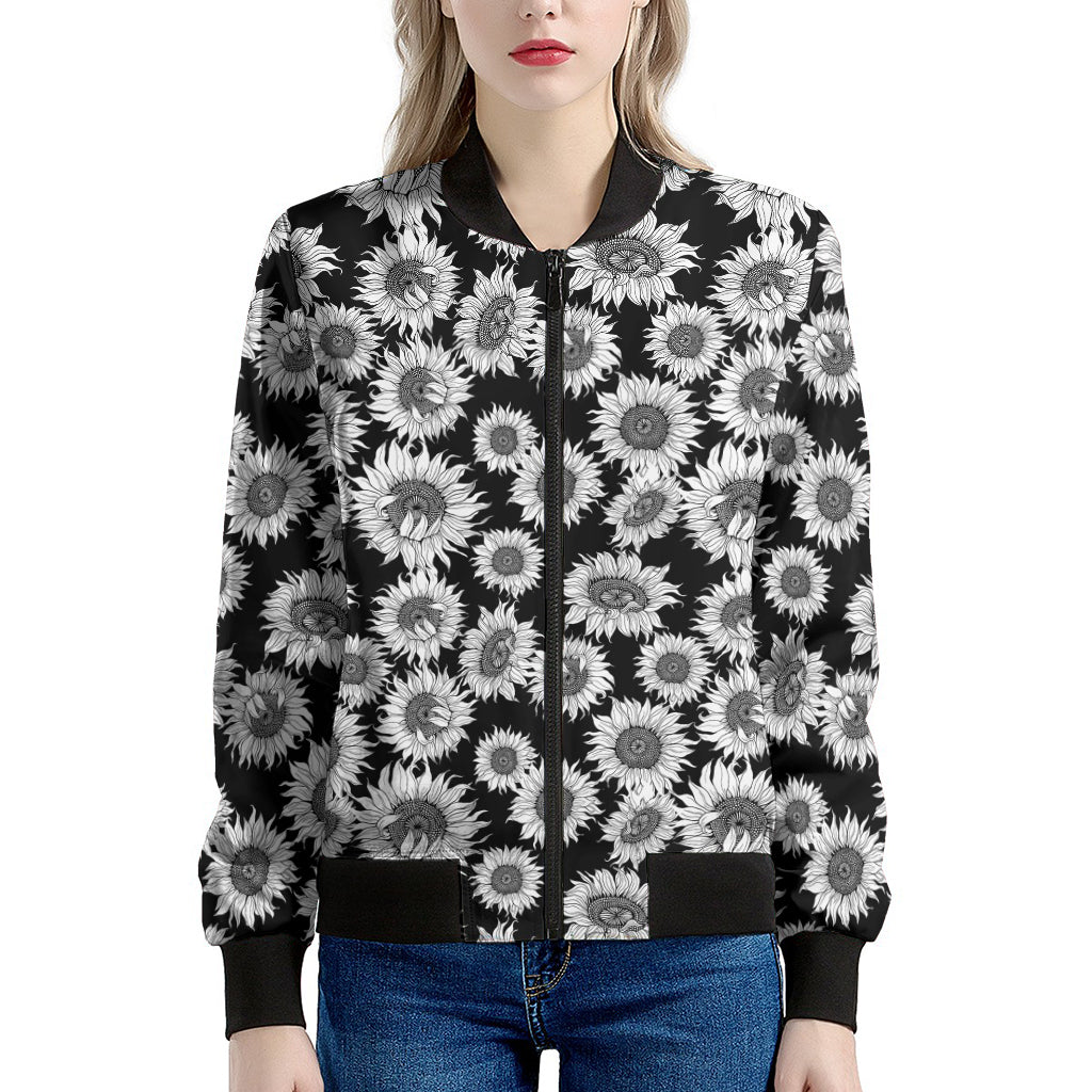 Black And White Sunflower Pattern Print Women's Bomber Jacket